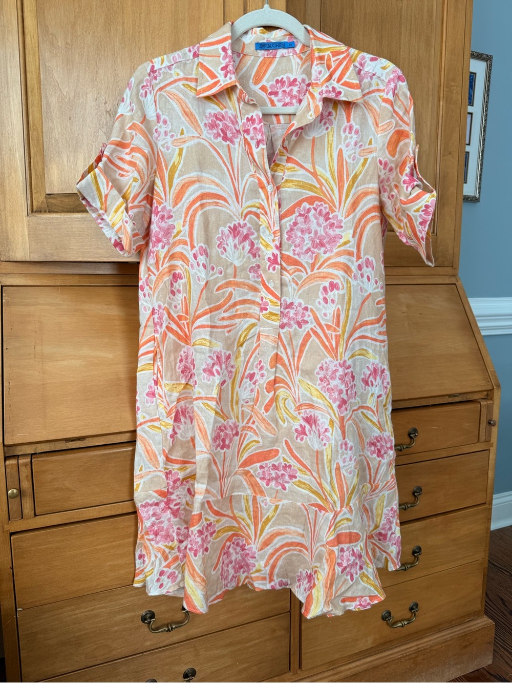 J. McLaughlin Pink & Orange Floral Midi Shirt Dress
